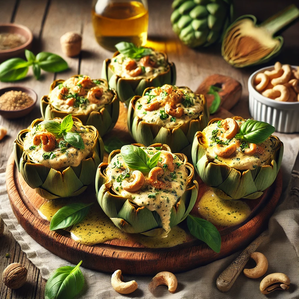 Artisjokbodems gevuld met warme basilicumdressing en geroosterde cashewnoten, geserveerd op een rustieke houten schaal, afgewerkt met verse basilicumblaadjes en citroenrasp.