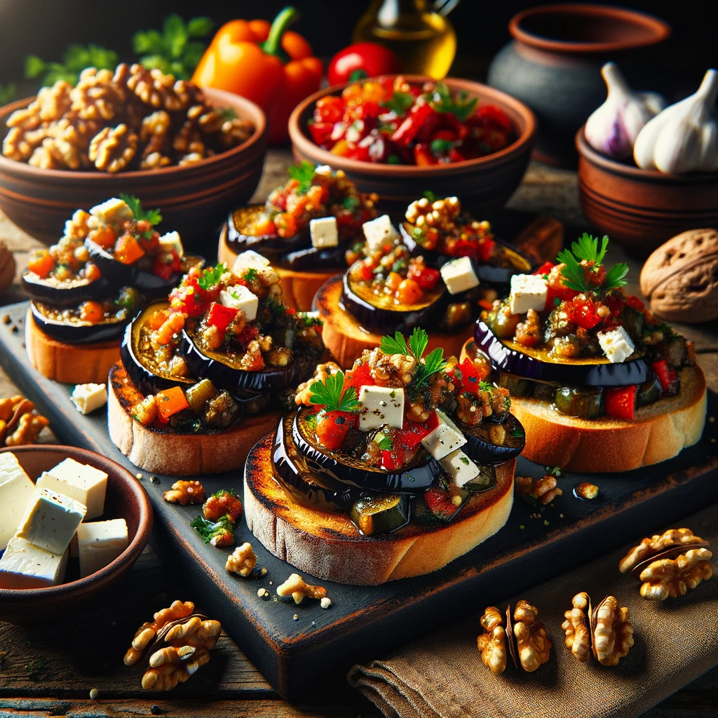 Auberginekaviaar geserveerd op toast en gegarneerd met walnoten, feta en verse peterselie, gepresenteerd op een rustieke houten tafel met geroosterde groenten en decoratieve ingrediënten.