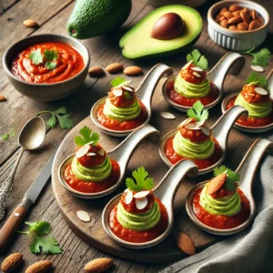 Avocadomousse in tomatensaus, geserveerd op lepeltjes, afgewerkt met geroosterde amandelen en korianderblaadjes, op een rustieke houten tafel met decoratie van avocado, tomatensaus en amandelen.