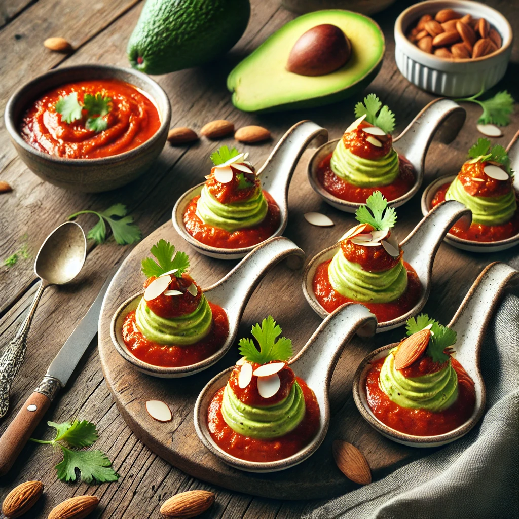 Avocadomousse in tomatensaus, geserveerd op lepeltjes, afgewerkt met geroosterde amandelen en korianderblaadjes, op een rustieke houten tafel met decoratie van avocado, tomatensaus en amandelen.