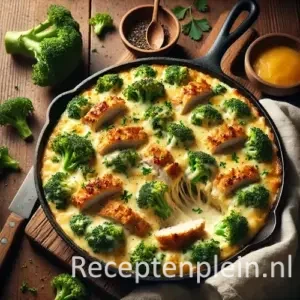 Hyper-realistische foodfoto van een broccolischotel met Kentucky-stijl kipfilet in een gietijzeren pan op een rustieke houten tafel. De romige broccoli in lichte kaassaus is gegratineerd en licht bubbelend aan de randen, met goudbruin krokant gebakken kipfilet in plakken bovenop. Afgewerkt met verse peterselie en zwarte peper. Op tafel liggen extra broccoliroosjes, een houten lepel en een linnen doek, warm natuurlijk belicht in een gezellige comfortfood sfeer.