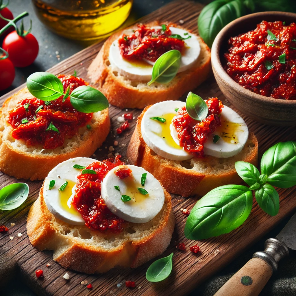 Bruschetta met gedroogde-tomaattapenade, plakjes mozzarella en verse basilicumblaadjes, geserveerd op een houten plank met decoratie van tapenade en olijfolie.