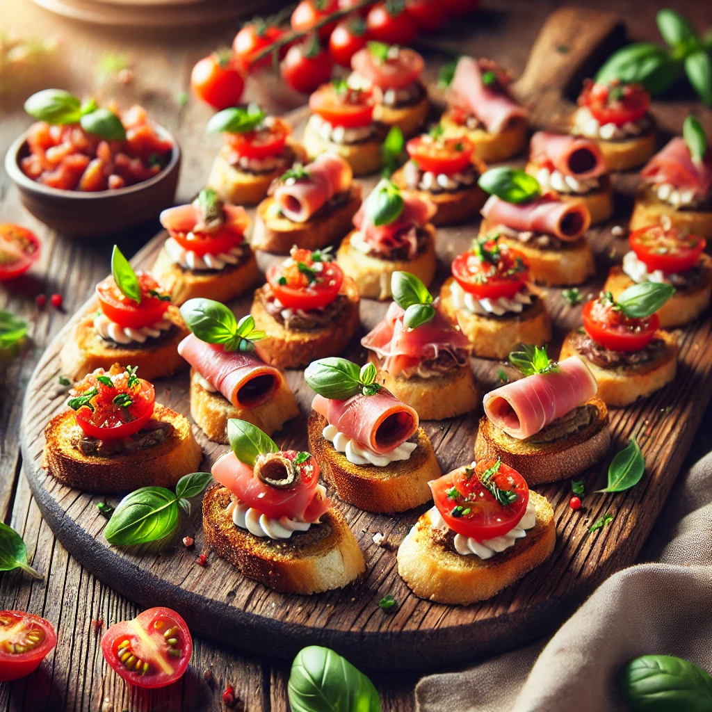Canapés met Parmaham, Tomaat en Basilicum