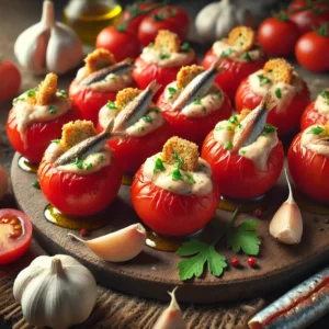 Cherrytomaatjes gevuld met een romige bagna cauda-saus, afgewerkt met een krokante crouton, geserveerd op een houten plank met decoratie van knoflook, ansjovis en olijfolie.