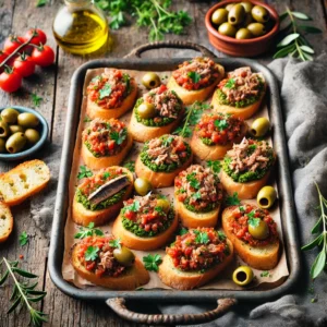 Crostini met vistapenade van groene olijven, tonijn, ansjovis en Provençaalse kruiden, geserveerd op een rustieke houten tafel, versierd met olijven, verse kruiden en een schaaltje tapenade.