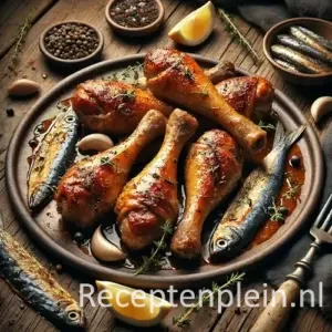 Hyperrealistische foodfoto van goudbruin geroosterde kipdrumsticks met ansjovis geserveerd op een ovale rustieke keramische schaal op een houten tafel, licht uitgezoomd zodat het tafelblad zichtbaar is. De drumsticks zijn geglazuurd met ansjovis-knoflookboter en belegd met licht gekaramelliseerde ansjovisfilets, takjes tijm en citroenpartjes. Rondom liggen knoflook, peperkorrels, een schaaltje ansjovis in olie, een linnen doek en een glas witte wijn in warm, iets sfeervoller natuurlijk licht met een mediterrane premium foodmagazine uitstraling.