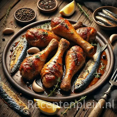 Hyperrealistische foodfoto van goudbruin geroosterde kipdrumsticks met ansjovis geserveerd op een ovale rustieke keramische schaal op een houten tafel, licht uitgezoomd zodat het tafelblad zichtbaar is. De drumsticks zijn geglazuurd met ansjovis-knoflookboter en belegd met licht gekaramelliseerde ansjovisfilets, takjes tijm en citroenpartjes. Rondom liggen knoflook, peperkorrels, een schaaltje ansjovis in olie, een linnen doek en een glas witte wijn in warm, iets sfeervoller natuurlijk licht met een mediterrane premium foodmagazine uitstraling.