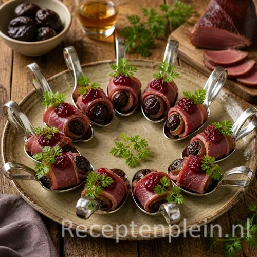 Eendenborst met sherrypruimen recept op een rustieke houten tafel