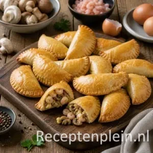 Empanadillas recept met garnalen en paddenstoelen op een rustieke houten tafel