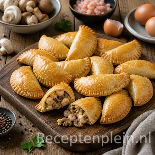 Empanadillas recept met garnalen en paddenstoelen op een rustieke houten tafel