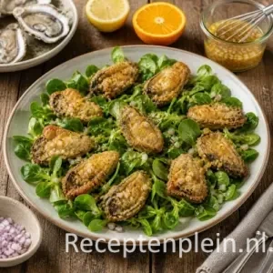 Gebakken oesters recept met citrusdressing op een rustieke houten tafel