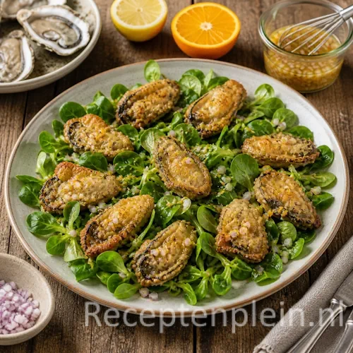 Gebakken oesters recept met citrusdressing op een rustieke houten tafel