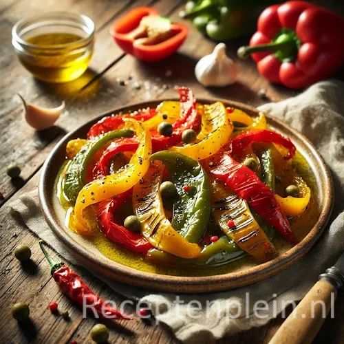 Gemarineerde paprika recept met geroosterde paprika op een rustieke houten tafel