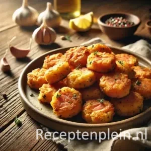 Zalmfritters recept met krokante coating op een rustieke houten tafel