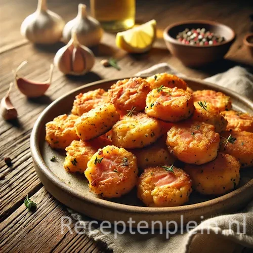 Zalmfritters recept met krokante coating op een rustieke houten tafel