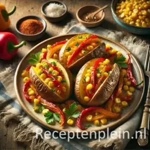 Gepofte aardappels met gewokte paprika en maïs op rustieke houten tafel