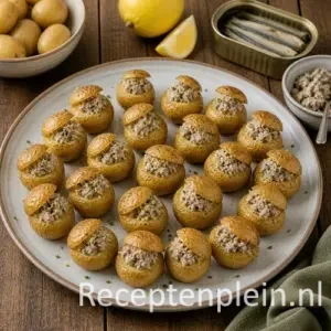 Gepofte krieltjes met sardineboter recept op een rustieke houten tafel
