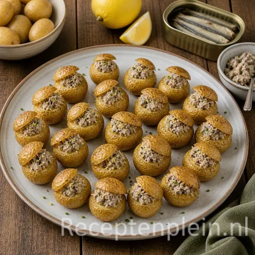 Gepofte krieltjes met sardineboter recept op een rustieke houten tafel