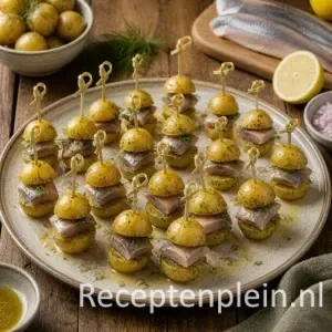 Gevulde krieltjes met haring recept op een rustieke houten tafel