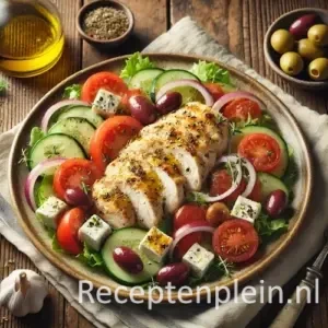Gevulde paprika met kip en rijst uit de oven op houten tafel