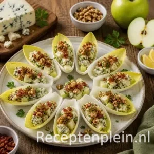 Gevulde witlofschuitjes recept met kaas en spek op een rustieke houten tafel
