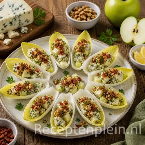 Gevulde witlofschuitjes recept met kaas en spek op een rustieke houten tafel
