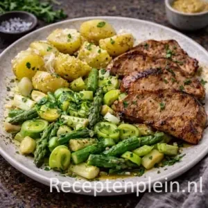 Gewokte asperges en prei met varkensfilet op een rustieke houten tafel.