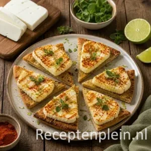 Halloumi met oregano en limoen recept op een rustieke houten tafel