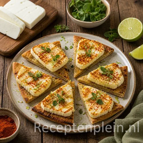 Halloumi met oregano en limoen recept op een rustieke houten tafel