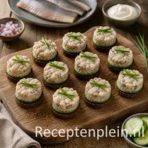 Haringtartaartje recept met roggebrood en komkommer op een rustieke houten tafel
