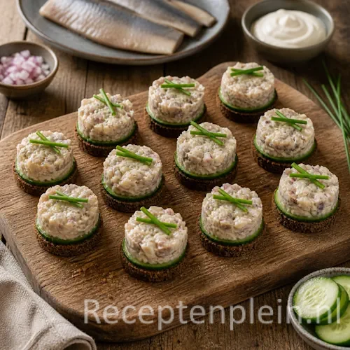 Haringtartaartje recept met roggebrood en komkommer op een rustieke houten tafel