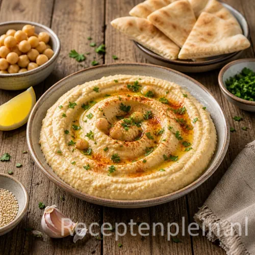 Hummus recept romige kikkererwten dip op een rustieke houten tafel