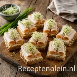 Kalkoenplakjes recept met ricotta en alfalfa op een rustieke houten tafel