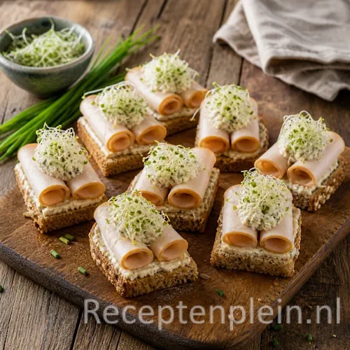 Kalkoenplakjes recept met ricotta en alfalfa op een rustieke houten tafel