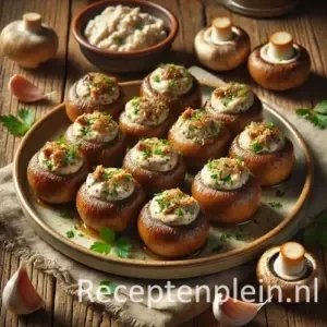 Kastanjechampignons recept gevuld met ansjoviscrème op een rustieke houten tafel