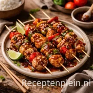Kip paprika yakitori spiesjes met yakitorisaus op rustieke houten tafel.