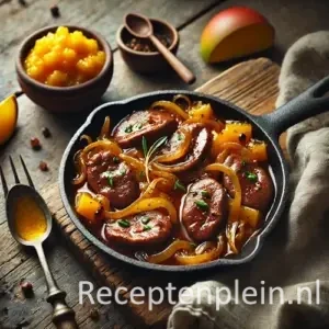 Kippenlevertjes met mangochutney op rustieke houten tafel