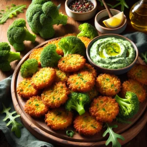 Broccoli fritots, goudbruin gebakken, geserveerd met een romige rucoladip, gepresenteerd op een houten schaal met decoratie van verse broccoli, rucola en een vleugje olijfolie.