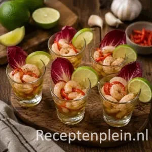 Knoflook chiligarnalen recept op een rustieke houten tafel