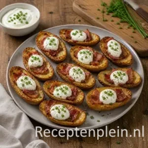 Potatoskins recept op een rustieke houten tafel
