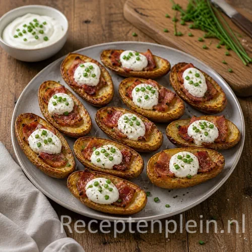 Potatoskins recept op een rustieke houten tafel