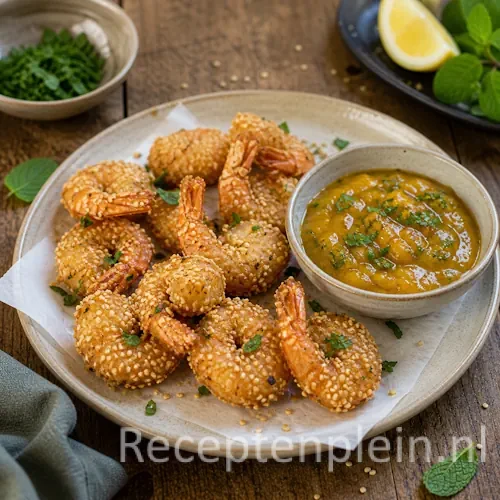 Sesamgarnalen recept op een rustieke houten tafel