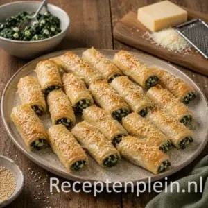 spinazie fillorolletjes recept op een rustieke houten tafel