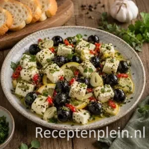 Gemarineerde geitenkaas recept met olijven op een rustieke houten tafel