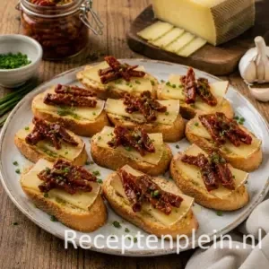 Manchego tostada recept op een rustieke houten tafel