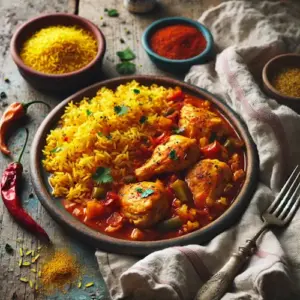 Mexicaanse kipschotel met saffraanrijst op rustieke houten tafel