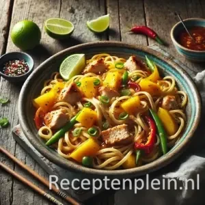 Mie schotel met kip en mango op een rustieke houten tafel