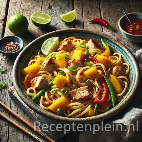 Mie schotel met kip en mango op een rustieke houten tafel