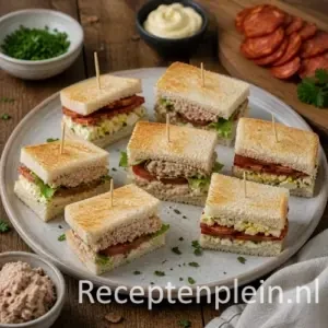 Mini clubsandwiches met tonijn chorizo ei recept op een rustieke houten tafel