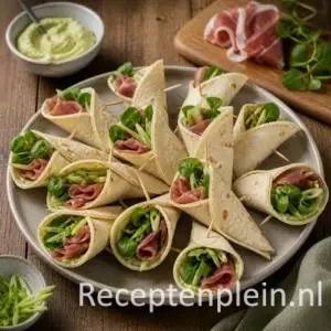 Mini-wraps met lamsham recept op een rustieke houten tafel